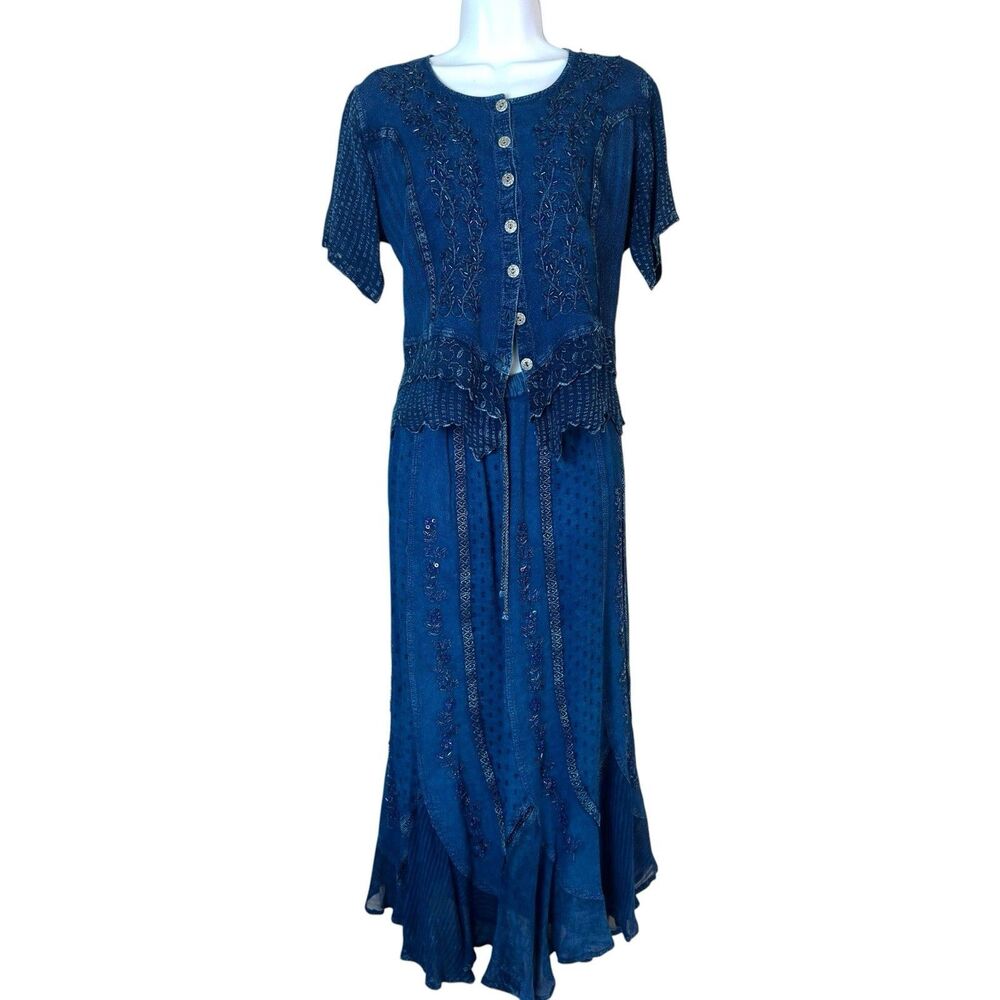 Vintage 80's 90's 2 Piece Maxi Skirt Set Blue M/L Boho Romantic Whimsy Sequin